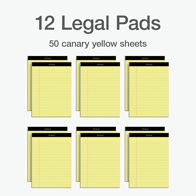 Oxford 8.5 x 11 Legal Pads, 12 Pack, Wide Ruled, Yellow Paper, 50 Sheets Per Writing Pad, Made in the USA (74020)