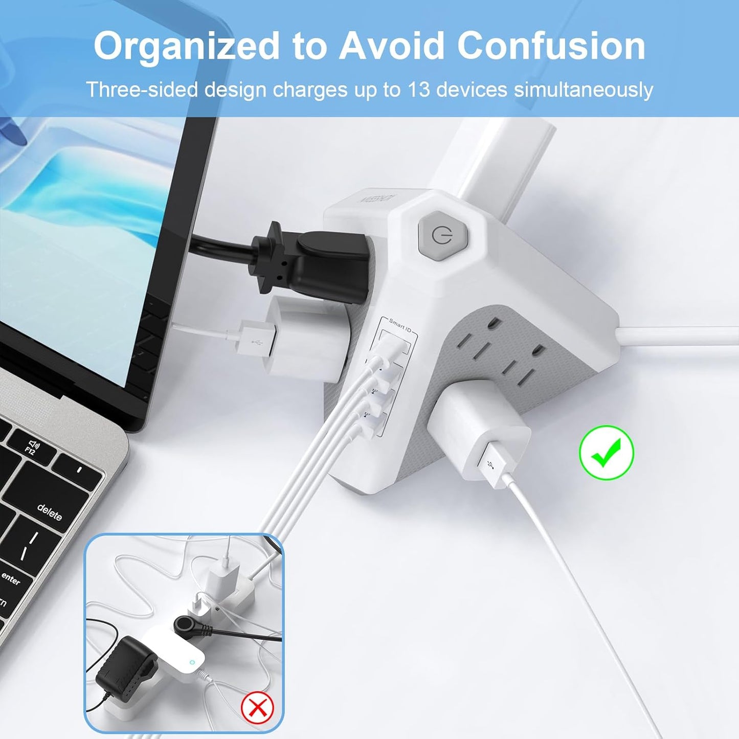 Tower Surge Protector Power Strip, NVEESHOX 9 AC Outlets with 4 USB Ports (1 USB C) 3-Side Triangle Outlets with USB Ports,6.5 Ft,Flat Plug, Charging Station with Surge Protection