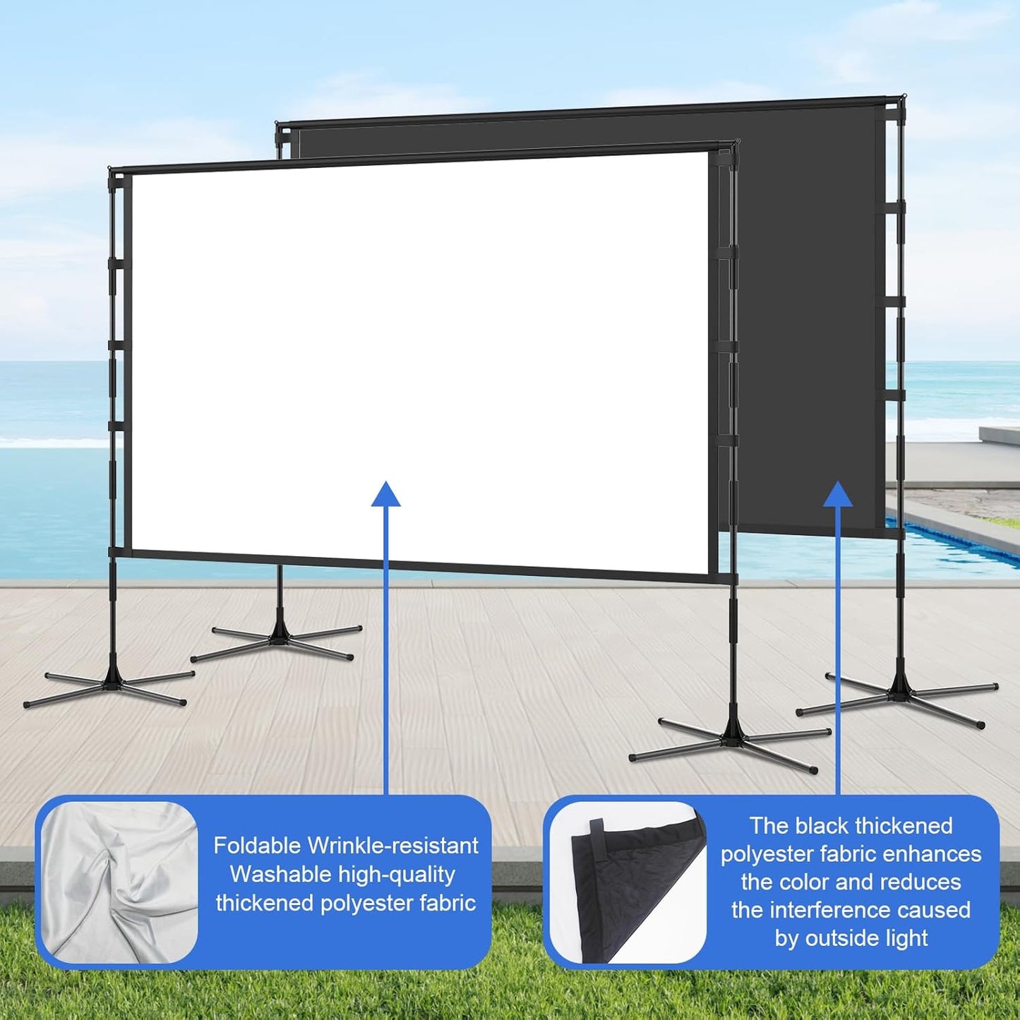 Outdoor Projector Screen and Stand,XINLEMY 120-inch Portable Wrinkle-Free Indoor Projection Screen Foldable Black Backing 16:9 HD Movie Screen Setup Quick for Home Theater Backyard Party Camping
