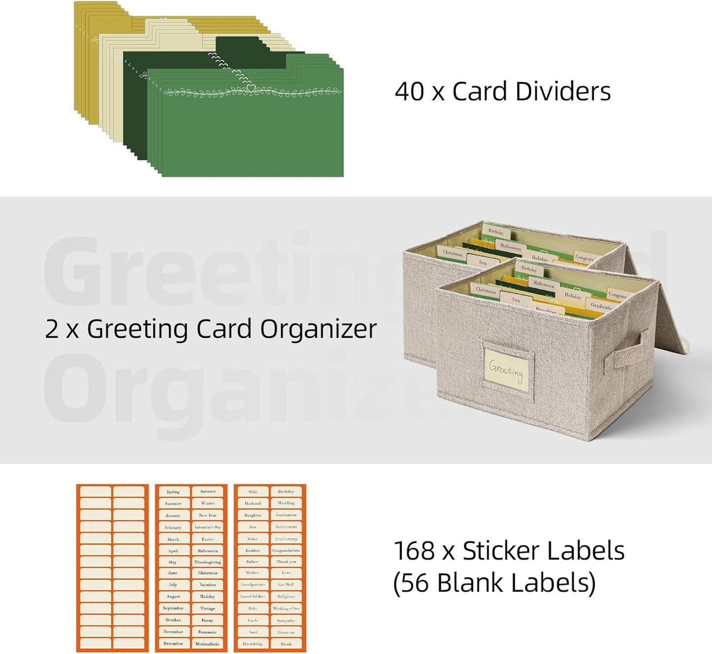 Vienrose Greeting Card Organizer Storage Box with 20 Removable Dividers, 84 Self-stick Labels, Perfect for Photos, Envelopes, Scrapbooking, Paper, Stickers Holder 2 Pack Beige