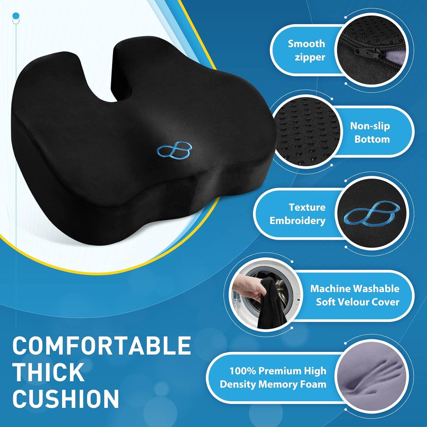 BlissTrends Seat Cushion,Thick Memory Foam Cushions for Office Chair, Car Seat, Airplane, Relieving Pressure Tailbone Sciatica Back Pain for Long Sitting Office Workers, Car Drivers 4.7in Thick Black