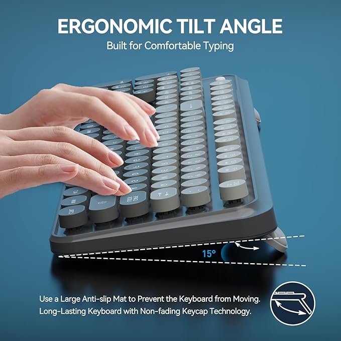 Wireless Keyboard and Mouse Combo, 104 Round Keys Cute Colorful Cordless Keyboard and Mouse with Retro Typewriter Black