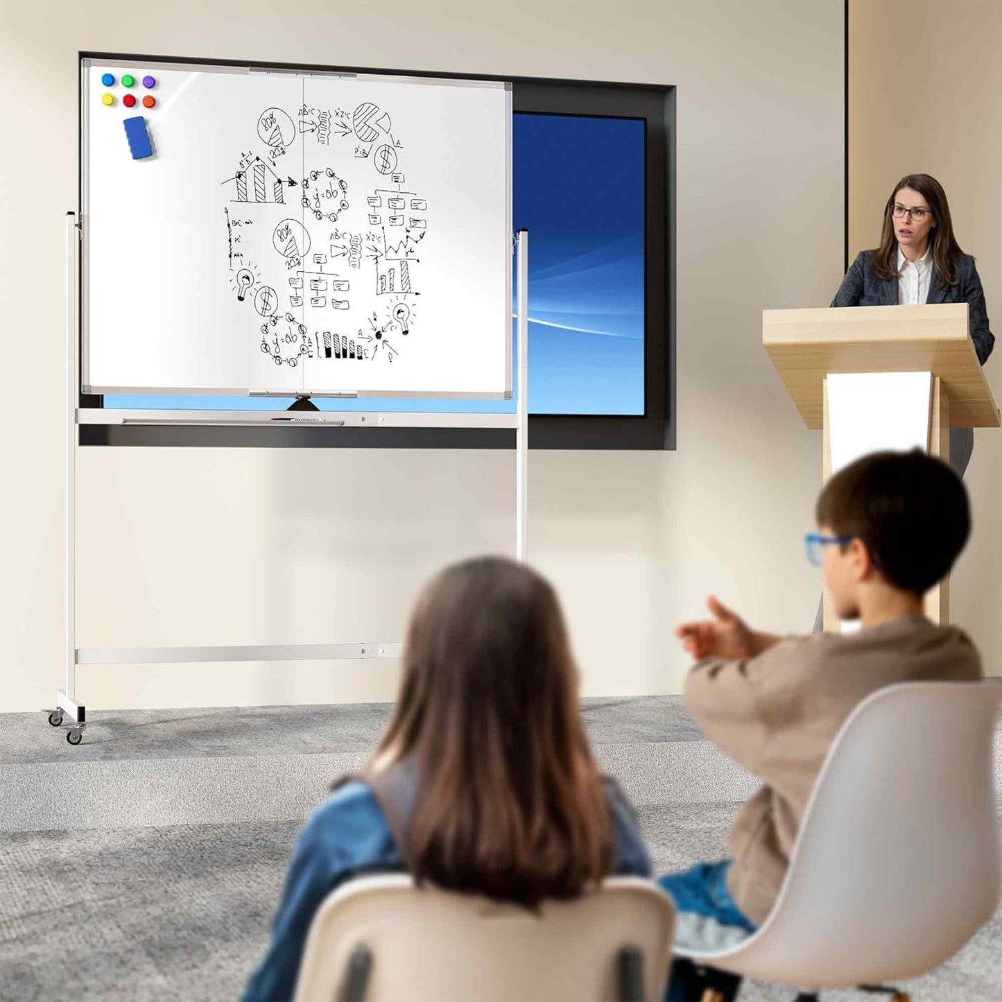 Large Rolling Whiteboard on Wheels, 48" x 36" Double-Sided Mobile White Board with Stand, 4' x 3' Portable Standing Magnetic Dry Erase Board Easel for Home Office Classroom School, Silver