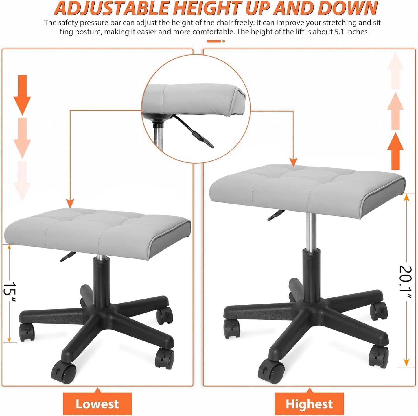 Footrest Under Desk Leg Rest Ottoman Adjustable Height Foot Stool with Wheels Leather Footrest Grey