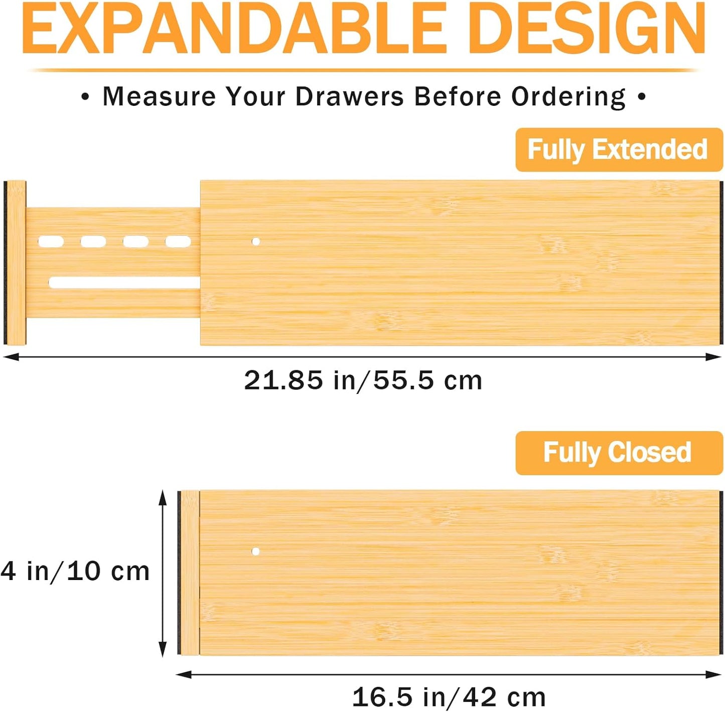 Bamboo Drawer Dividers 4" High, 16.5-22" Adjustable Drawer Organizers for Clothes,Expandable Dresser Separators in Bedroom/Kitchen/Bathroom/Office Organization and Storage,4 Pack