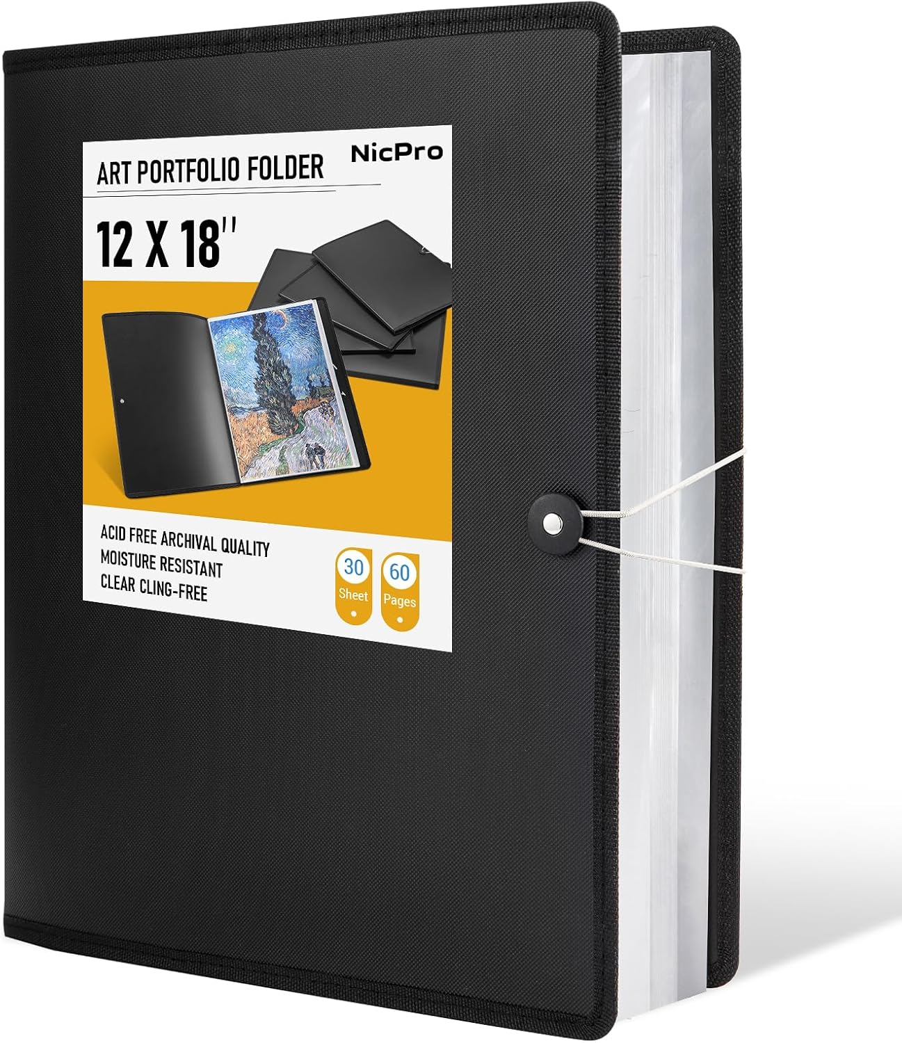 Nicpro 12x18" Art Portfolio Folder, 30 Pockets Display 60 Pages Art Painting Portfolio Binder with Clear Plastic Sleeves, Presentation Storage Book for Kids & Artists Artwork Drawing - (Black)