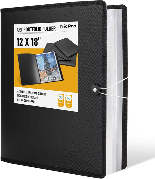 Nicpro 12x18" Art Portfolio Folder, 30 Pockets Display 60 Pages Art Painting Portfolio Binder with Clear Plastic Sleeves, Presentation Storage Book for Kids & Artists Artwork Drawing - (Black)