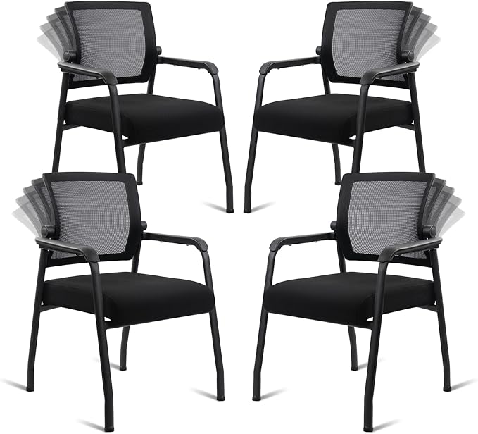 Desk Chair No Wheels with Adjustable Mesh Backrest, Arm Chair with Ergonomic Lumbar Support and Thickened Seats Cushion, Waiting Room Chairs for Office School Church Guest Reception, 4PACK