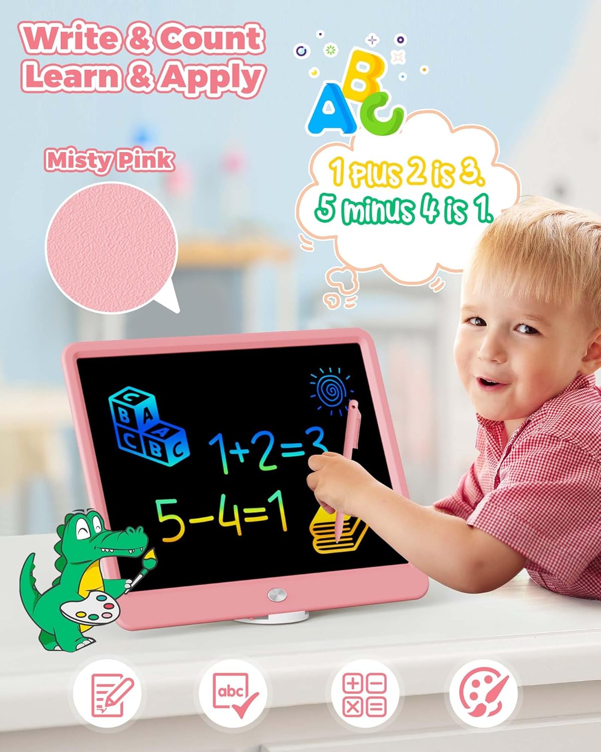 KOKODI 15 Inch LCD Writing Tablet with Anti-Lost Stylus, Erasable Doodle Board Colorful Toddler Drawing Pad, Car Travel School Games Toys for 3 4 5 6 7 8 Kids, Birthday Gift for Girls Boys Pink