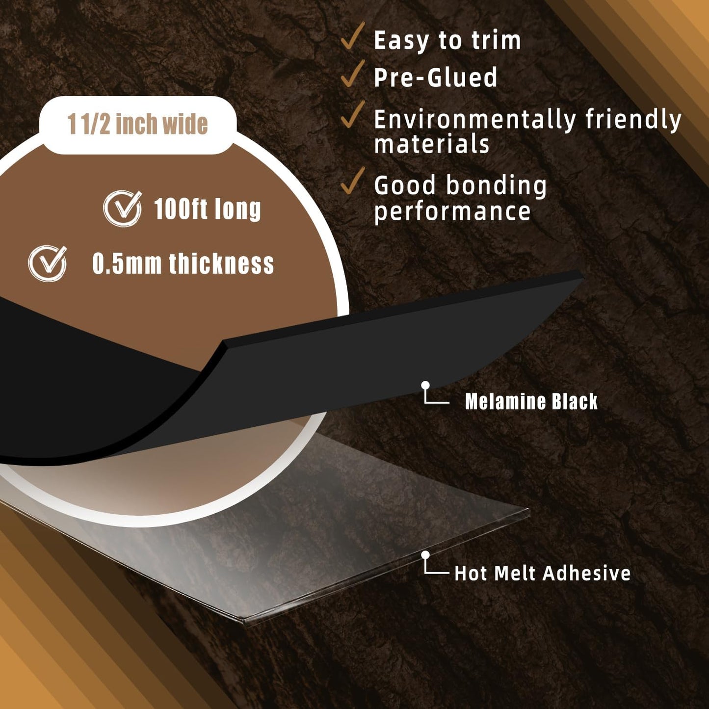 GSCIT Club Black Edge Banding, 1 1/2 Inch x 100ft Melamine With Hot Melt Adhesive Preglued Cabinet Flexible Black Veneer Edging