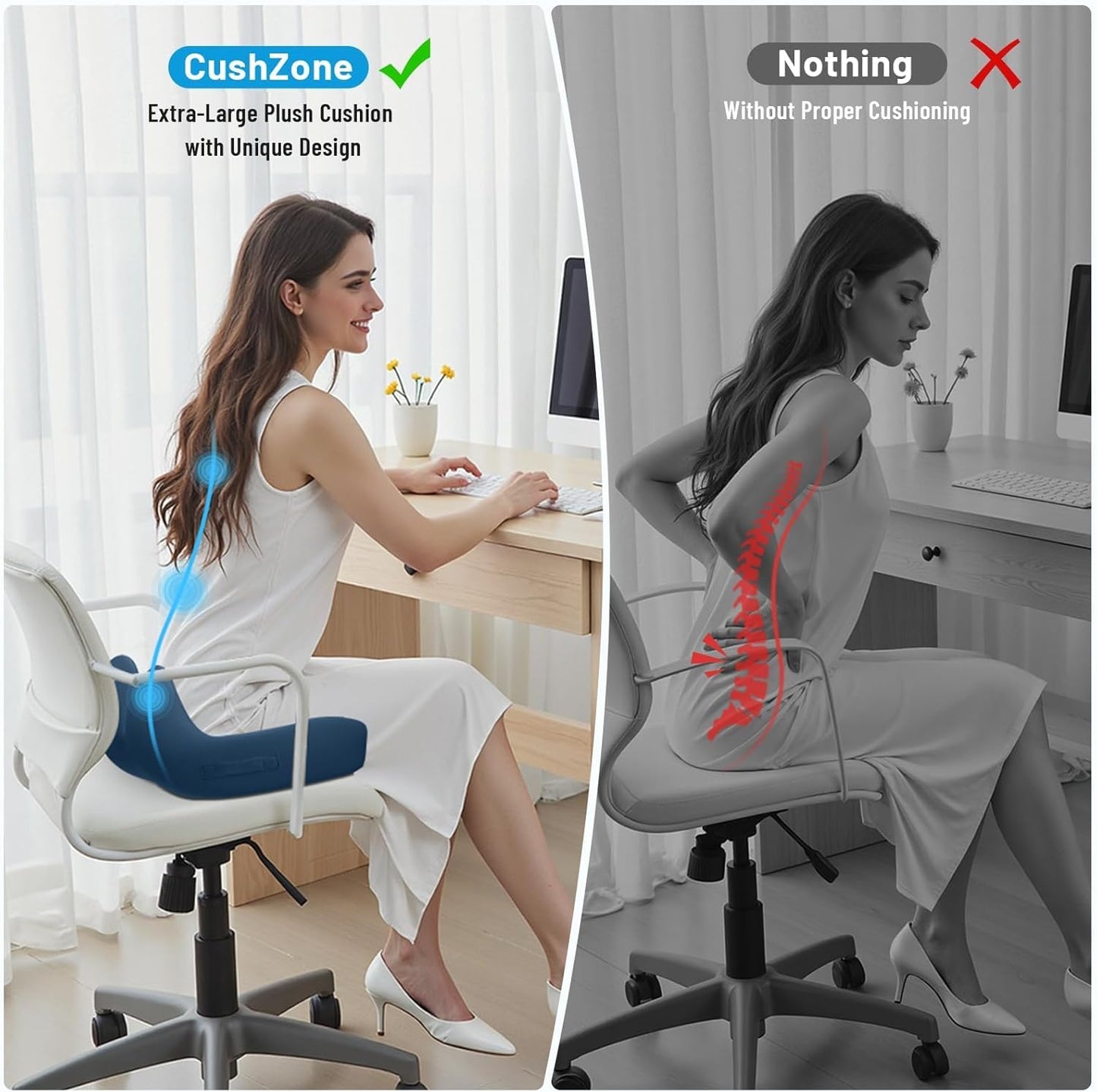 Seat Cushion, Memory Foam Office Chair Cushions, Ergonomic Curved Design for Sciatica, Tailbone, Coccyx, Seat Support for Car, Desk Chair, Wheelchair, Enhances Long Sitting Comfort (Blue)