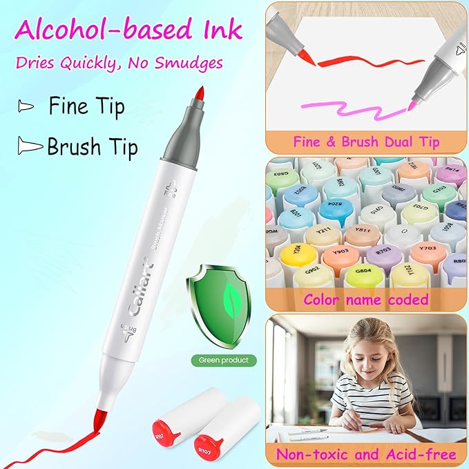 Caliart 61 Colors Brush & Fine Permanent Alcohol Markers, Dual Tip Artist Sketch Art Markers Set for Adult Coloring Book, Aesthetic Cute School Supplies, Pens for Drawing Coloring Illustrations