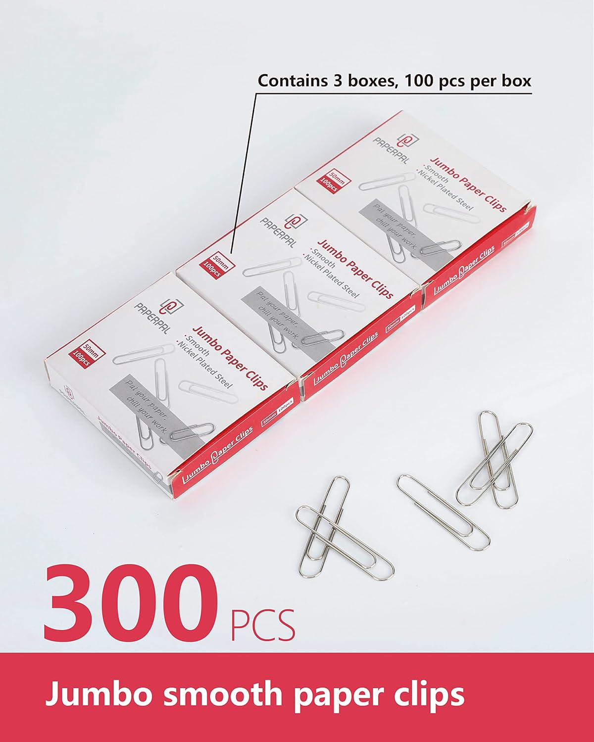PAPERPAL Paperclips for Office School & Personal Use, Jumbo Smooth Paper Clip (2"), 300 Large Paper Clips (3 Boxes of 100 Each), Silver