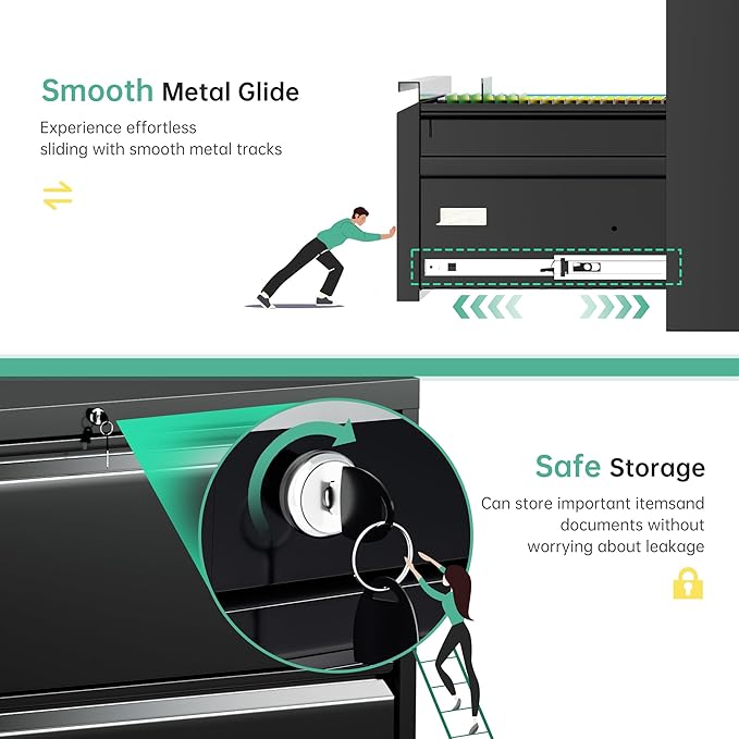 Superday Lateral File Cabinet 2 Drawer Metal File Cabinet with Lock, Black Filing Cabinets for Home Office, Locking Filing Cabinets Hanging Files Letter/Legal/F4/A4