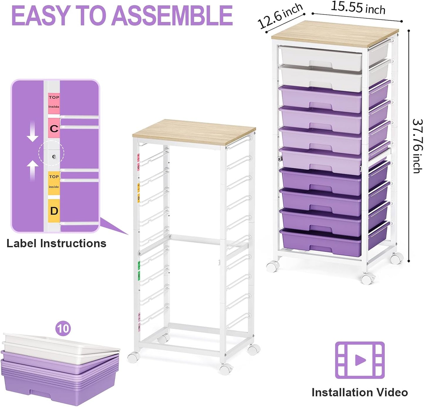 Rolling Cart with Drawers,10 Drawer Rolling Cart,Storage Cart with Wheels,Utility Cart with Drawers,Teacher Cart for Classroom Storage,Craft Cart with Wheels and Wooden Tabletop,Purple