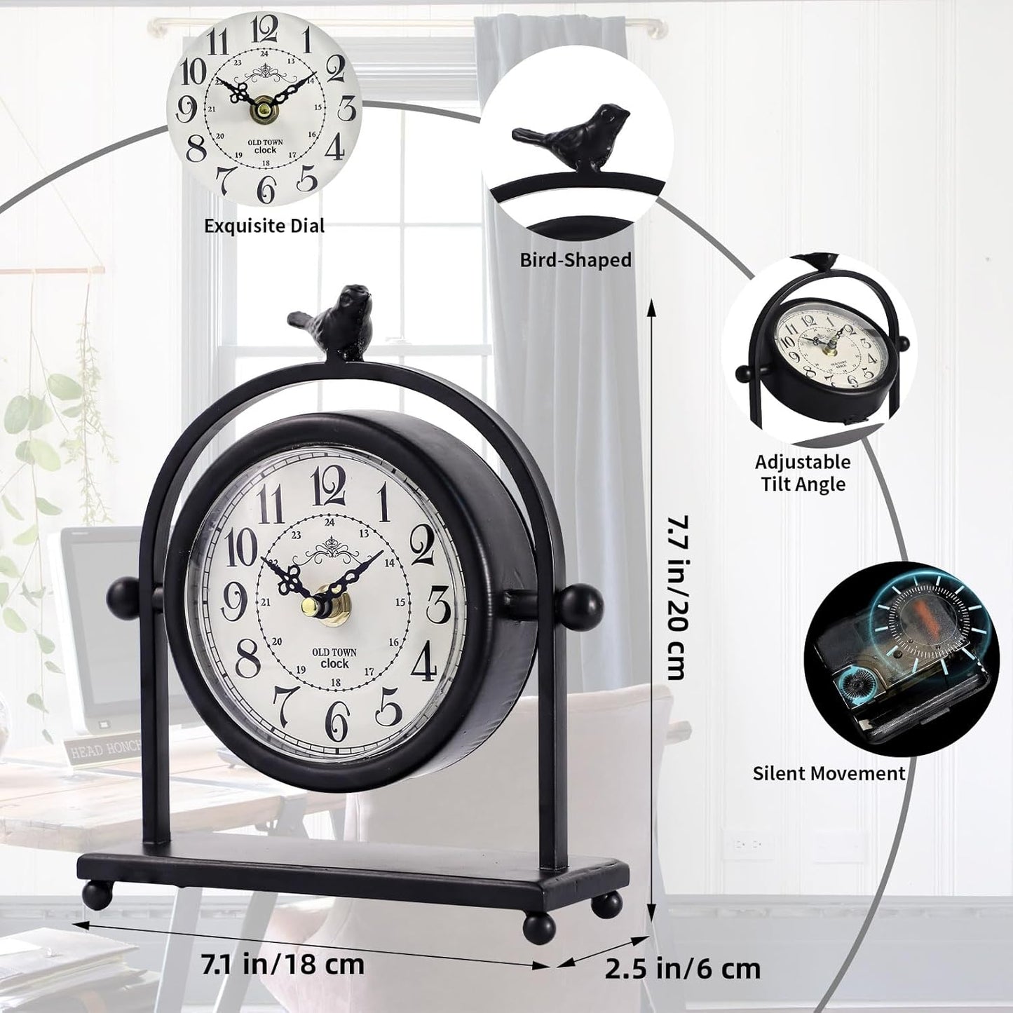 MODE HOME Silent Battery Operated Black Metal Analog Desk Clock with Bird, Small Table Clock for Farmhouse Decor, Mantel Shelf, Home and Living Room