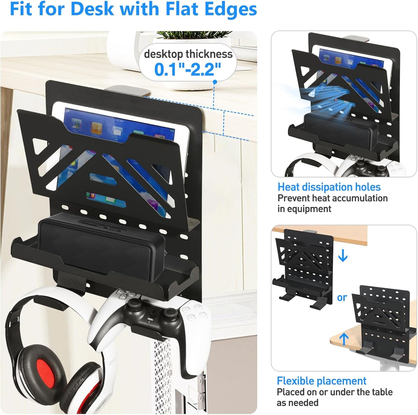 MAXECHO Desk Side Storage Holder, Metal Pegboard, Above or Under Desk Laptop Mount, Table Side Hanging File Organizer, Clamp On Cable Management Tray, Peg Board for Gaming, Office
