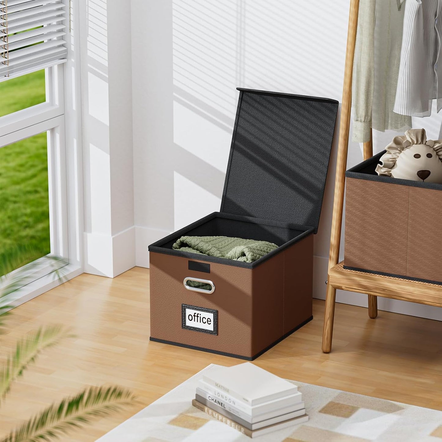 Huolewa Portable Leather File Organizer Boxes with Lids, Office Document Boxes Organizer, Filing Boxes, Decorative Small File Boxes for Hanging Files with Plastic Slide for Office/Decor/Home