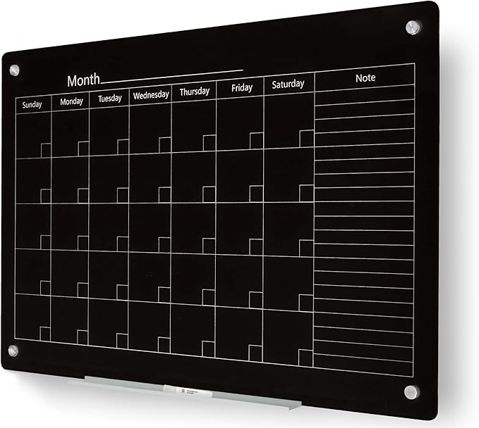 J&J worldwide Magnetic Whiteboard Calendar, 47 x 35 Black Glass Wall Calendar Dry Erase Board Monthly Planner for Home, School, Office, Frameless, with Markers, Marker Tray, Eraser, Magnets