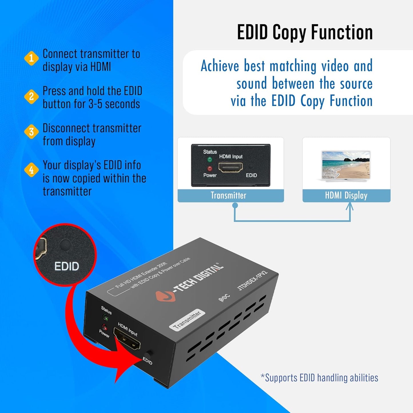 J-Tech Digital HDMI Extender 1080P 60Hz Over Single CAT 5e/6/7 PoC (Power Over Cable) up to 165ft, Deep Color EDID Copy Zero Signal Loss [JTD-HDEX-1PV2]