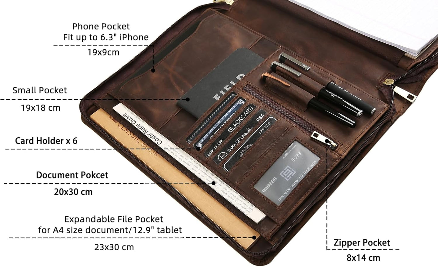 Handmade Genuine Leather Portfolio Organizer for IPad/Document, Business Padfolio with A4 Leather Notepad Holder, Leather Compact Folder Conference Portfolio for Men and Women, Dark Khaki