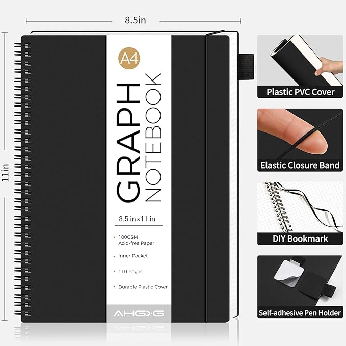 AHGXG Graph Paper Notebook - Spiral Notebook 8.5" x 11", A4 Large Graph Notebook, 100 gsm Thick Grid Paper, Waterproof Plastic Cover Journals for School Writing Engineering Math, Black