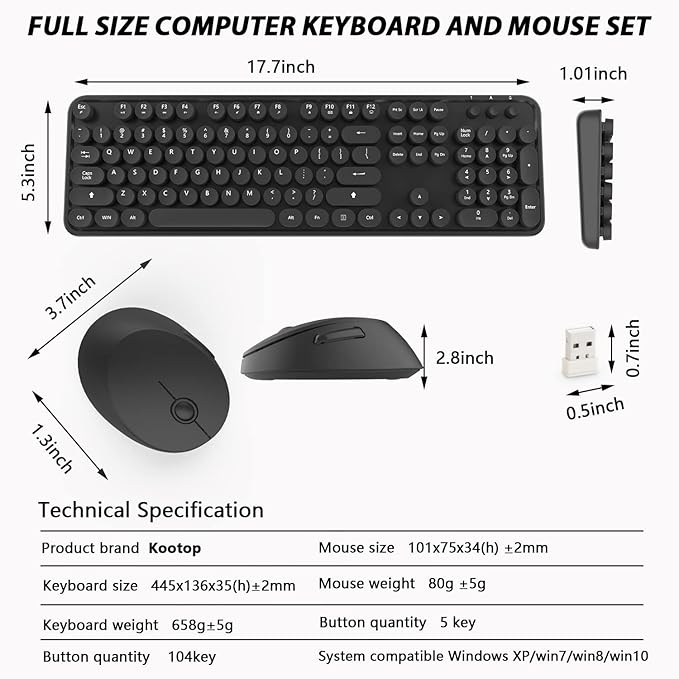 Wireless Keyboard and Mouse Combo, Cute Full Size 104-Key Typewriter Retro Round Keycaps Keyboard for PC Laptop,Windows,Desktop,Perfer for Home and Office Keyboards (Black)