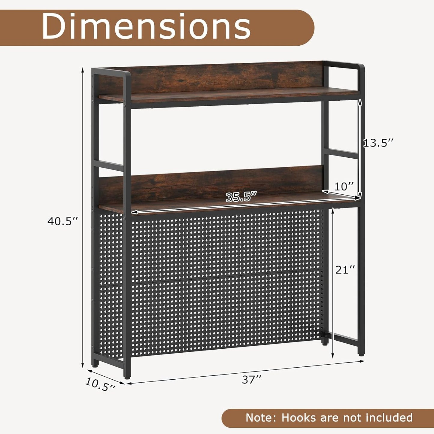 GOFLAME Desktop Bookshelf with Pegboard, 37 Inch Industrial Desk Hutch for Computer Monitor, 2-Tier Countertop Organizer Shelf with Safety Guardrails for Home Office, Dorm, Study, Rustic Brown