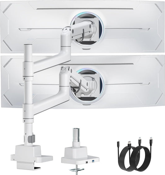 monTEK 17-57 Inch Dual Ultrawide Monitor Arm for Up to 59.4lbs Screen, Aluminum Heavy-Duty Gas Spring Vertical Stackable Curved Screen Adjustable Monitor Stand,75/100mm Vesa Mount, White