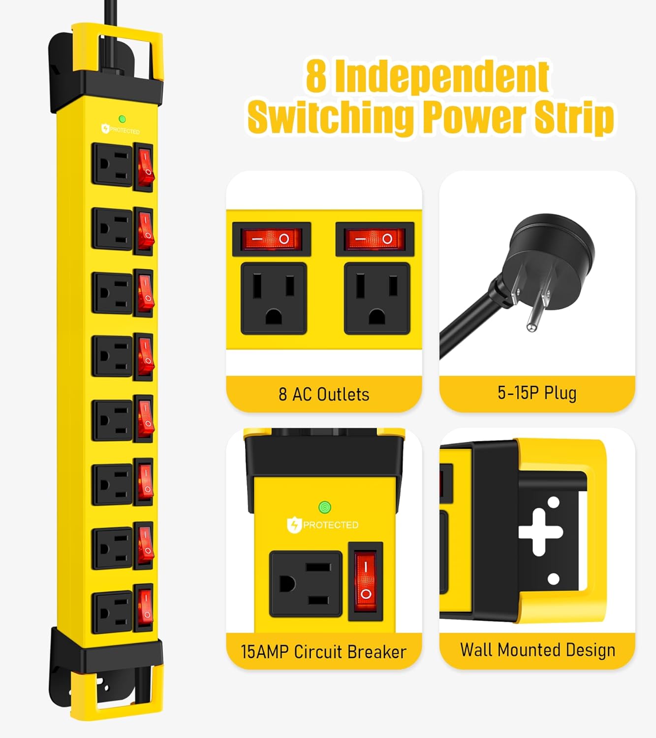 Heavy Duty Power Strip with Individual Switches,8 Outlets 14 Gauge Industrial Shop Garage Metal Multiple Outlets,1200J Surge Protector Mountable Power Strip,6FT Extension Cord Management(Yellow)