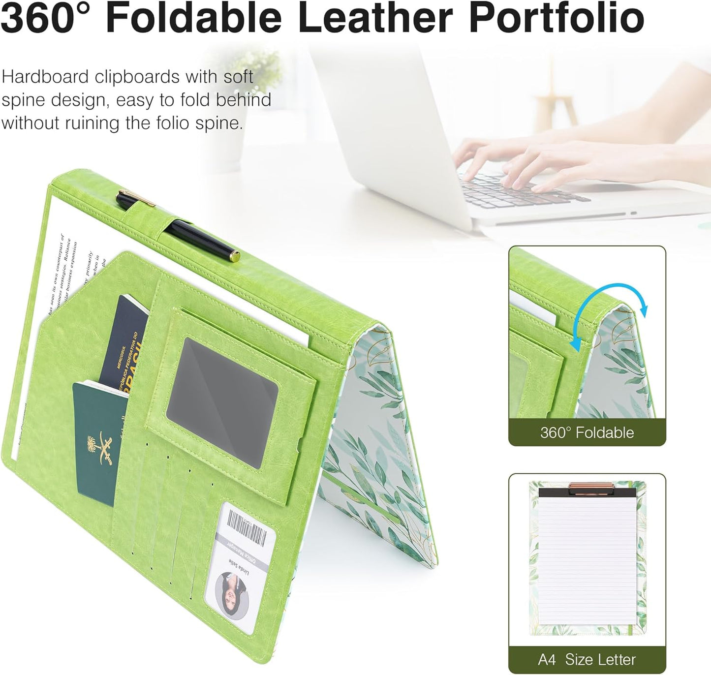 Ospelelf Foldable Faux Leather Clipboard Folio with Notepad 8.5 x 11,Green Business Padfolio for Women Portfolio Organizer, Leaf