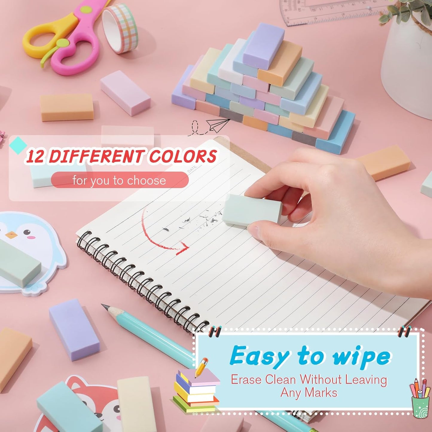 144 Pcs Bulk Erasers for Kids Pencil Erasers First Day of School Gifts for Student Pastel Colors Neon Colors Cute Party Favor for Classroom Art Office, Back-to-school Supplies(Stylish Color)