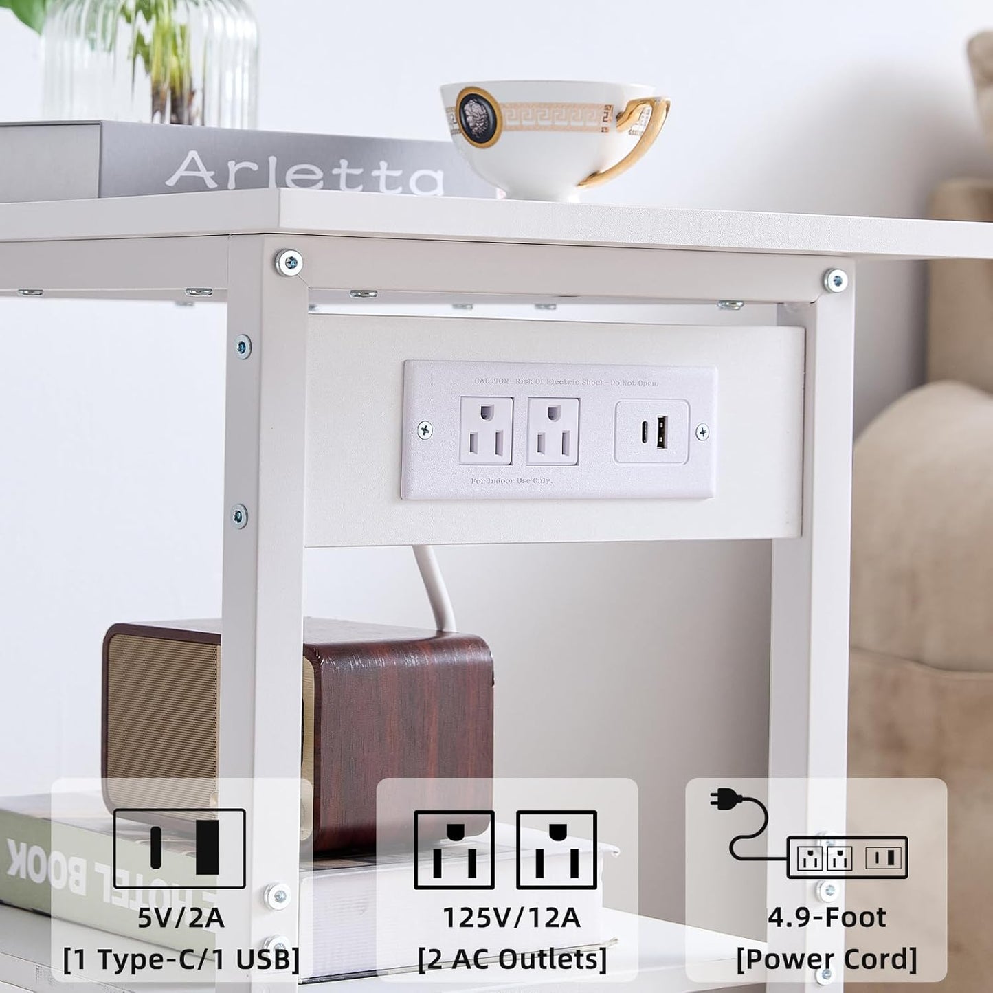 Lerliuo 3-Tier Printer Stand with Charging Station, Industrial Mobile Printer Table with Storage Shelf and Steel Frame, Rolling Printer Cart Holder with Lockable Wheels for Home, Office (White)