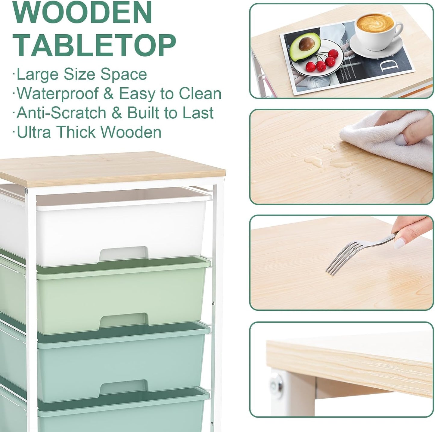Utility Cart with 4 Drawers,Rolling Storage Cart with Drawers,Storage Rolling Drawer Cart with Wooden Tabletop for Bedroom,Kid's Room,Dorm,Classroom,Office,Green