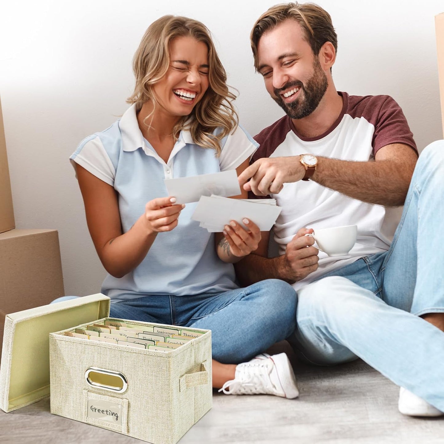 Vienrose Greeting Card Organizer 1 Pack, Storage Box with 20 Adjustable Dividers, Foldable Organizer Box Holds over 150 Cards, Storage Stickers Recipes Photos Envelopes Bills Vinyl Records, Beige