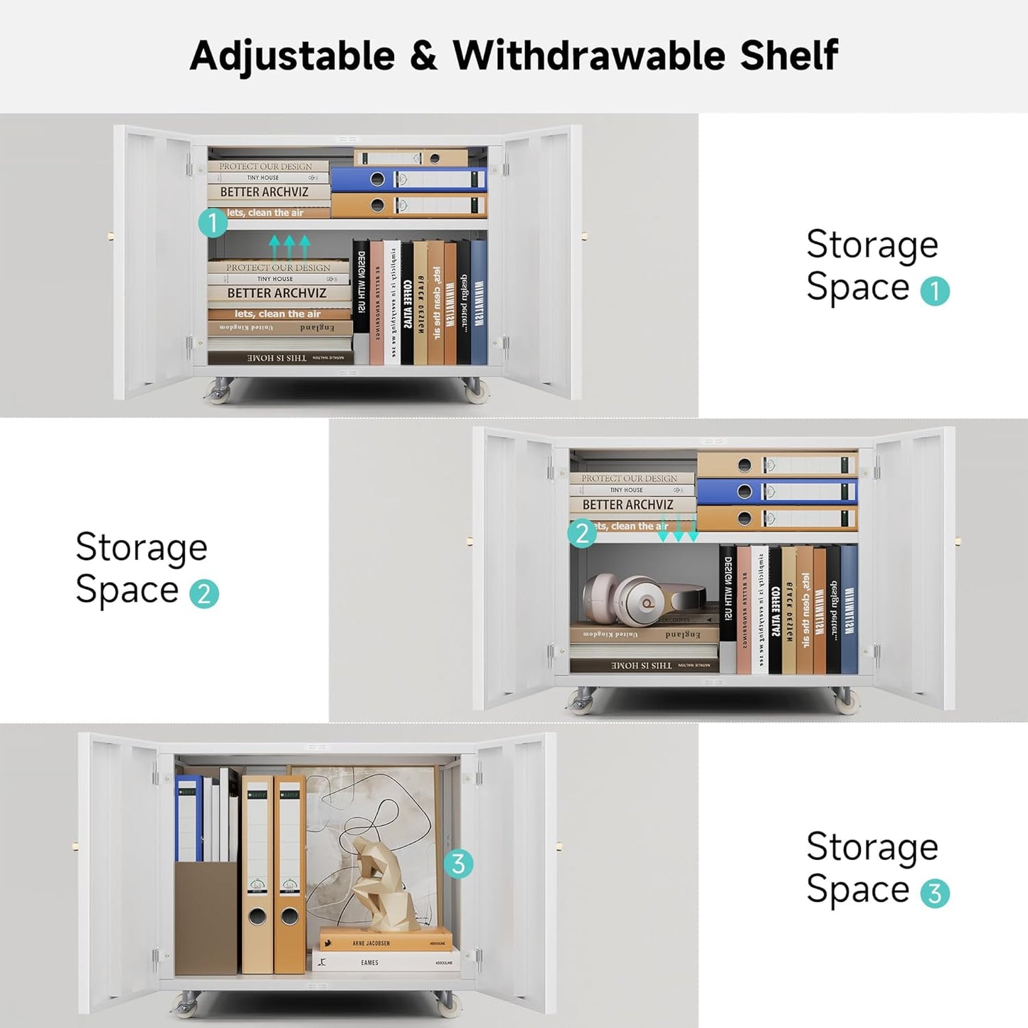 Warmiehomy Metal Printer Stand, 24x24x18'' Printer Cabinet with Storage, Mobile Printer Table with Wheels, Desk for Small Spaces with Door, Adjustable File Cabinet for Home Office (White)