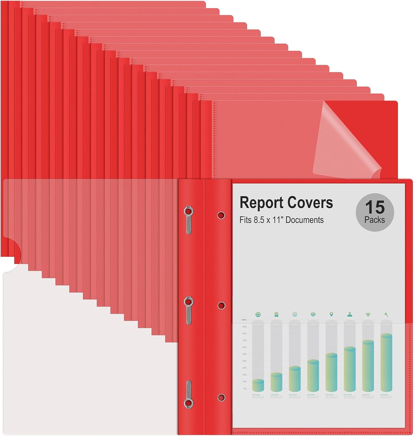 Ndsox 15 Packs Clear Front Report Covers with 3-Prong Fasteners, Plastic Project Presentation Folders Resume Document Covers with Red Back for 8.5" x 11" Letter Size Paper for School Office Business