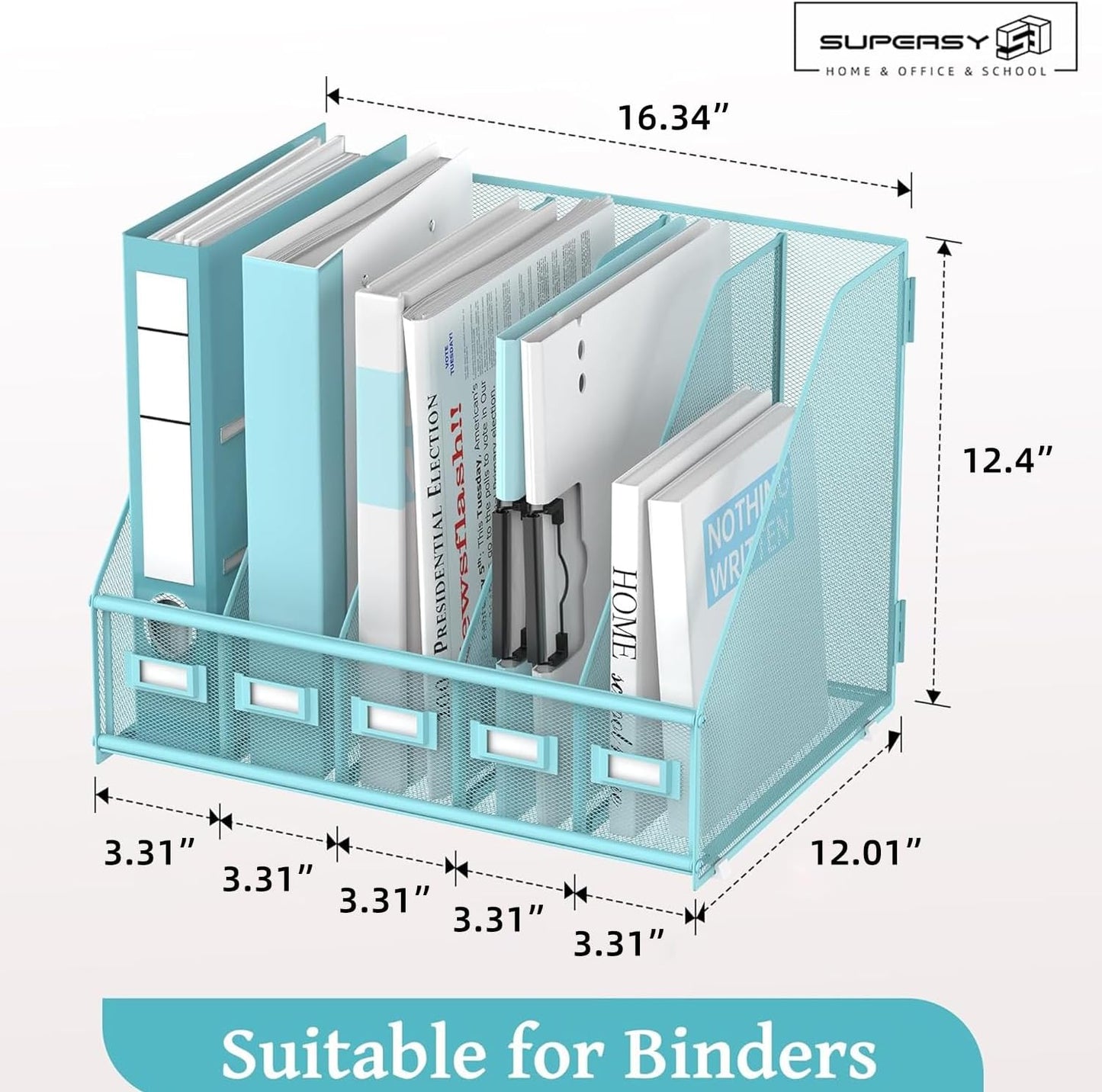 SUPEASY Desk Organizers Metal Desk Magazine File Holder with 5 Vertical Compartments Rack File Organizer for Office Desktop, Home Workspace, Blue Plus