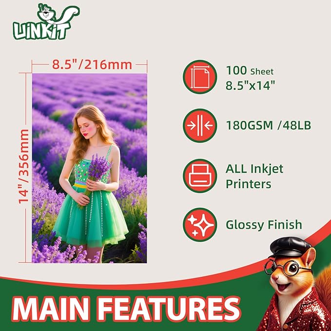 Uinkit Glossy Inkjet Photo Paper 8.5x14 Legal Size, 48lb 180gsm, 100 Sheets - Professional Photographic Quality, Compatible with Dye Ink Inkjet Printers, High-Gloss Finish for Vibrant Prints