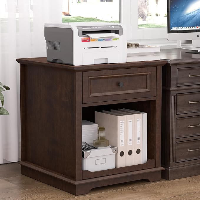 Lateral File Cabinet 3 Drawer File Cabinet with Charging Station, Wood Lateral Filing Cabinet, Printer Stand with Open Adjustable Storage Shelves for Home Office, Cherry