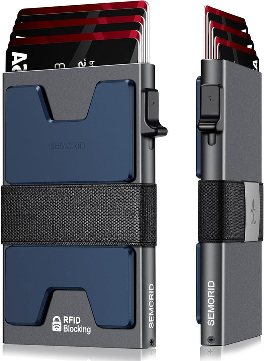 Slim Aluminum Card Holder Wallet for Men, Durable Expandable Backplate, RFID Blocking Minimalist Metal Pop Up Wallet, Holds 12+ Cards Plus Cash