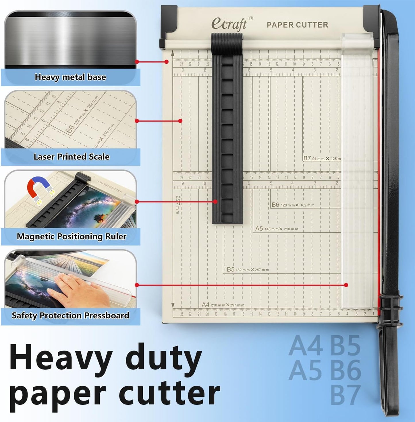 Ecraft 12" Guillotine Paper Cutter：Paper Trimmer Accurate Cutting with Safety Guard,15 Sheets Capacity,Magnetic Guide,Heavy Duty Metal Base, Perfect for Cardstock,Cardboard,Vinyl,Crafts & Photos
