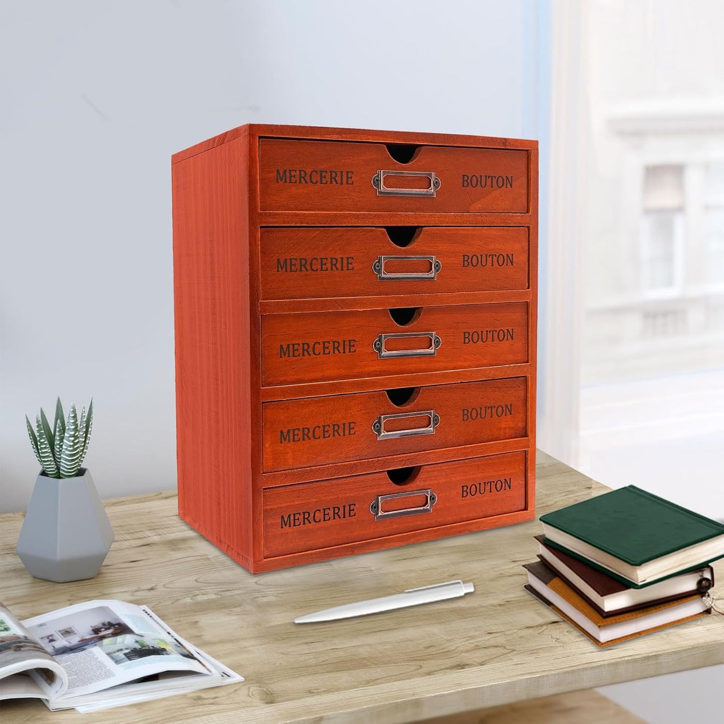 Vintage Drawer Wooden Drawers Organizer, 16-Drawer Desktop Organizer With Drawers, Iron Label Holders, Brown, For Store Cosmetics, Files, Books, Letters, Papers, Magazines (5-Drawer)