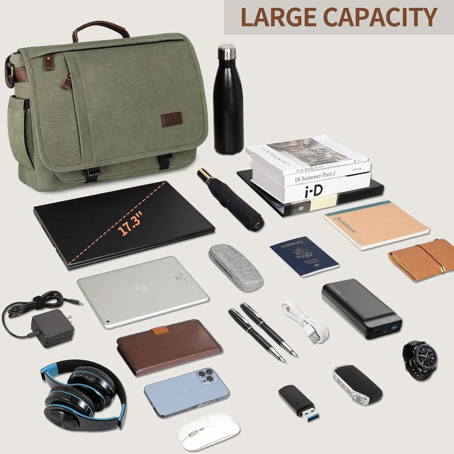 ESTARER Men's Messenger Bag 17.3 Inch, Water-resistant Canvas Laptop Bag, Computer Shoulder Bag for College Travel Work, Army Green