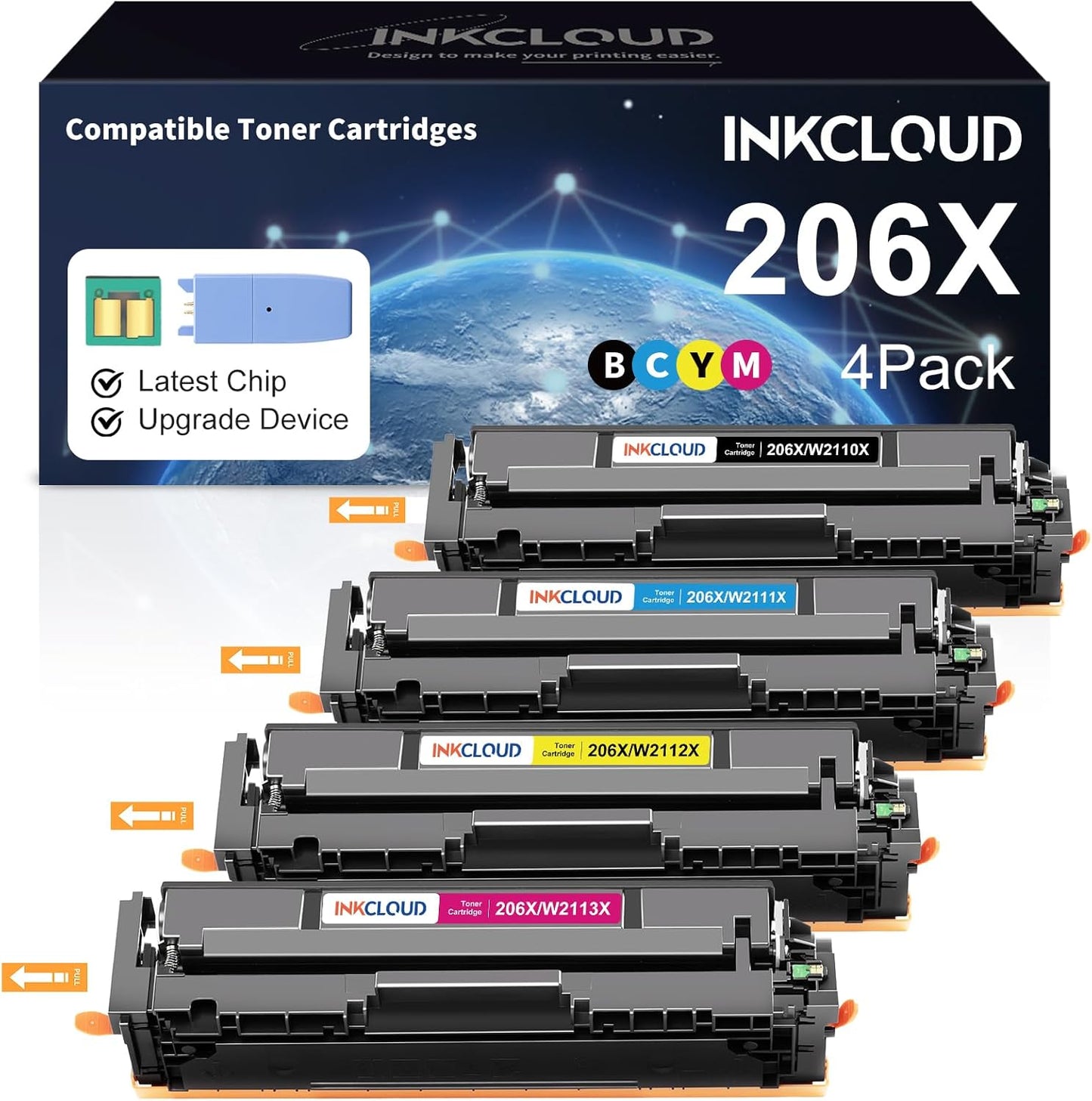 INKCLOUD 206X Toner Cartridges 4 Pack with Chip and Upgrade Device Compatible Replacement for 206X A W2110A W2110X Work with Color Pro MFP M283fdw M283cdw M283 Pro M255 M255dw High Yield Toner