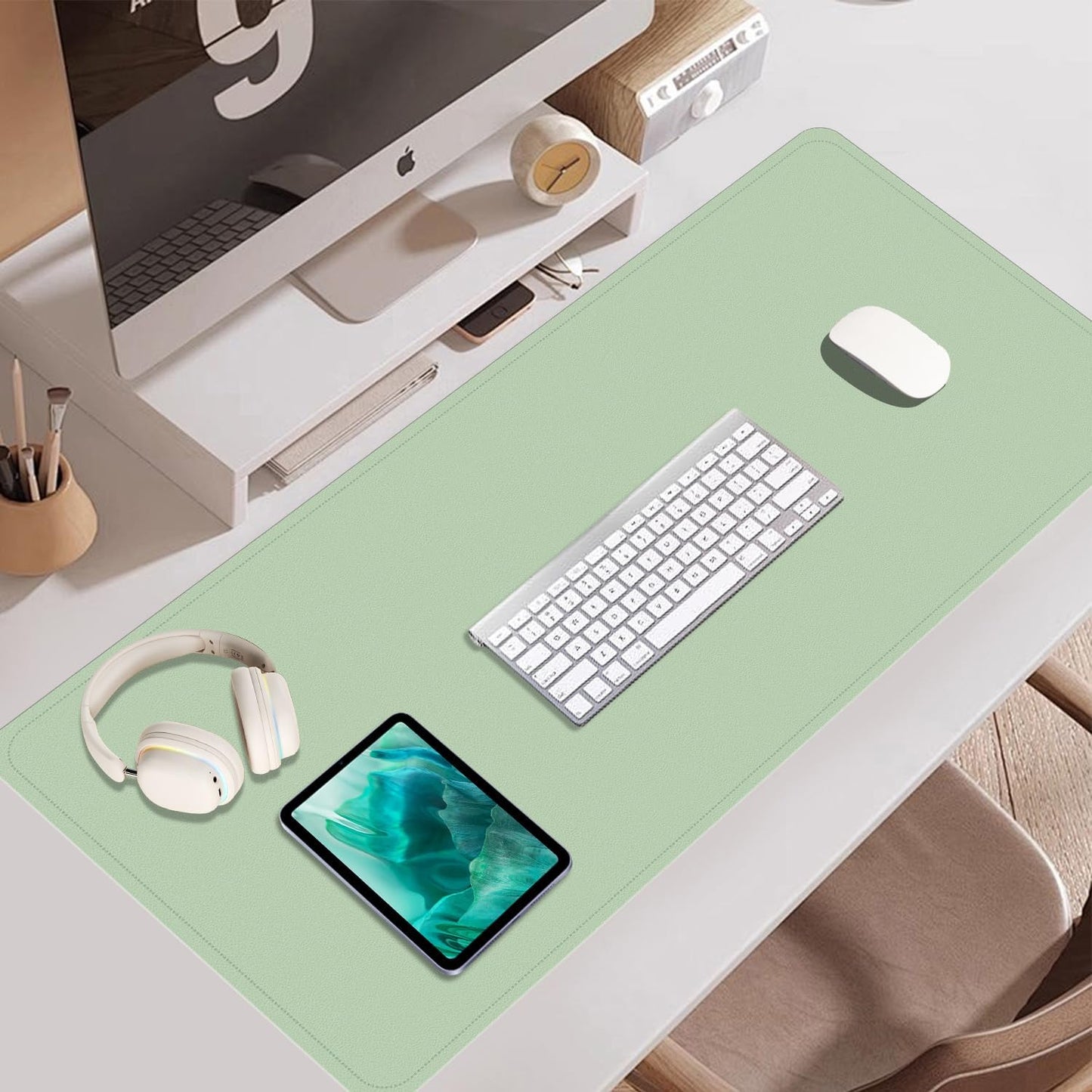 Large Non-Slip PU Leather Office Mat, 55'' x 17'', Laptop Desk Blotter Pad for Home & Office, Light Green