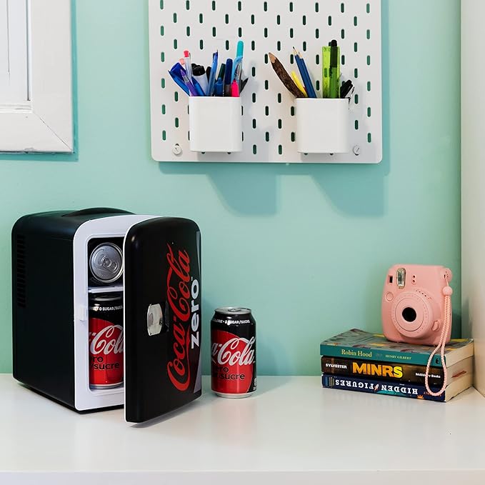 Coca-Cola Zero CZ04 4 Liter/4.2 Quarts 6 Can Portable Cooler/Mini Fridge, Beverages, Baby Food, Skincare and Medications-Use at Home, Office, Dorm, Car, RV or Boat-AC & DC Plugs Included, Black/Red