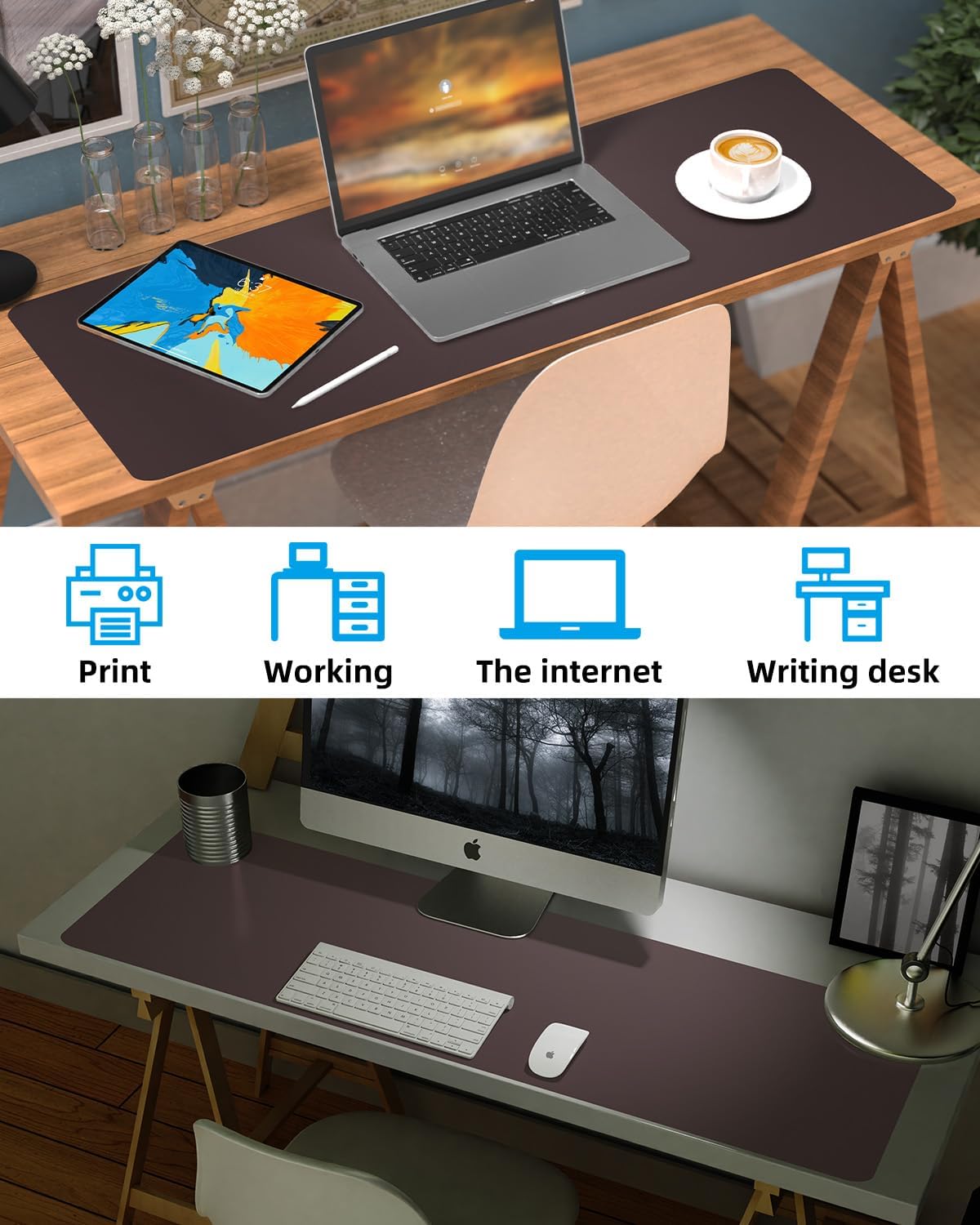 Leather Desk Pad Protector,48"x 17"Desk Mat Large, Mouse Pad, Non-Slip PU Leather Desk Blotter,Waterproof Desk Pad for Office/Home(Coffee)