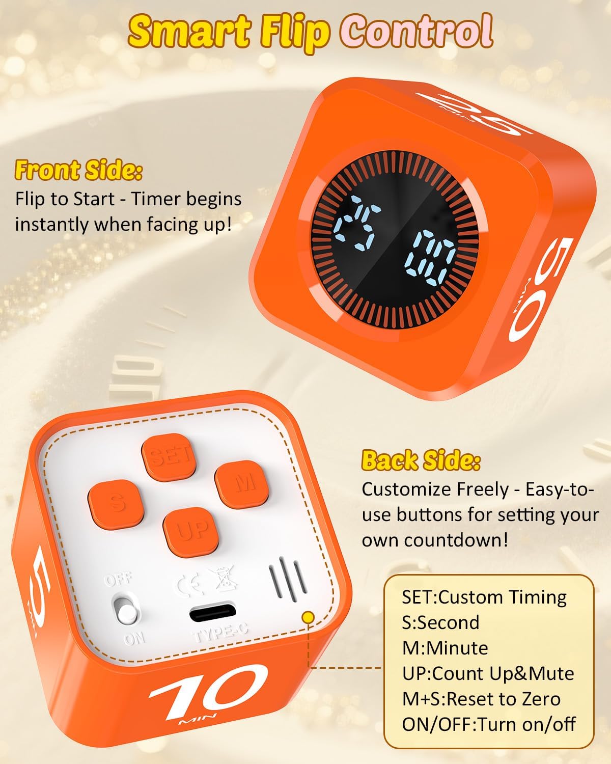 Pomodoro Timer Cube Visual Productivity Flip Timer for Kids Classroom Desk, 5/10/25/50min& Custom Countdown, Silent&Sound Mode Digital Cube for ADHD Study Work School Game Kitchen (Orange)
