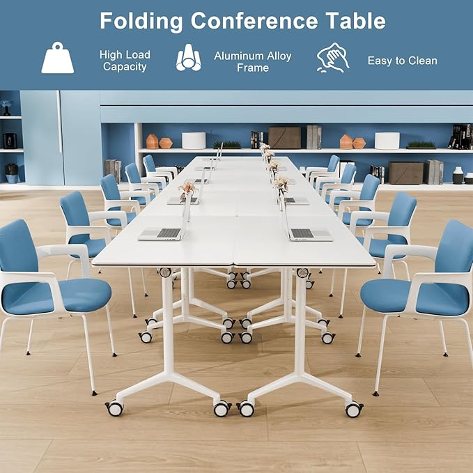 6Pack Folding Conference Room Table, Modern Conference Tables with Silent Wheels, Large Rectangular Mobile Training Tables for Office Classroom, Foldable Modular Seminar Table White (L47.2in)